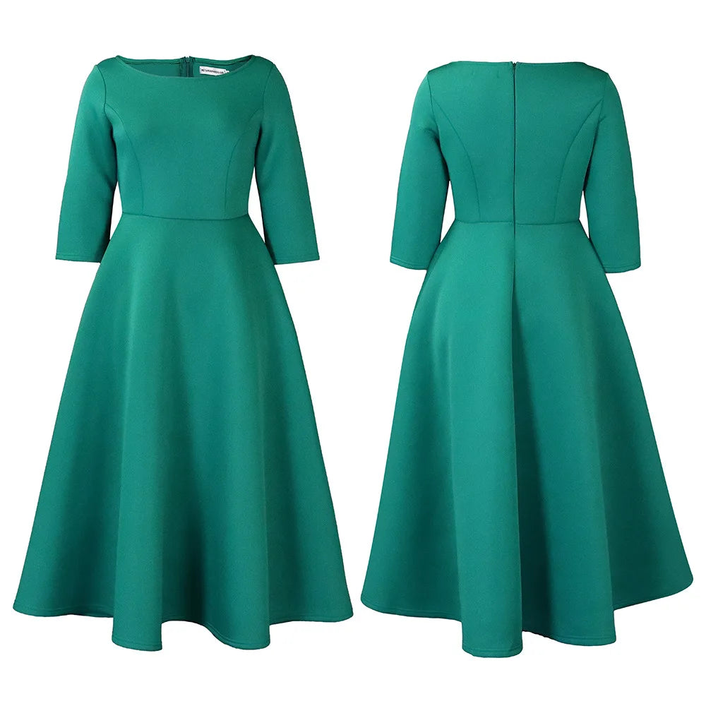 Elegant Pure Color Maxi Dress Evening Gown A- Line Skirt Polyester Fabric round Neck Short Sleeve High Waist Midi Dress