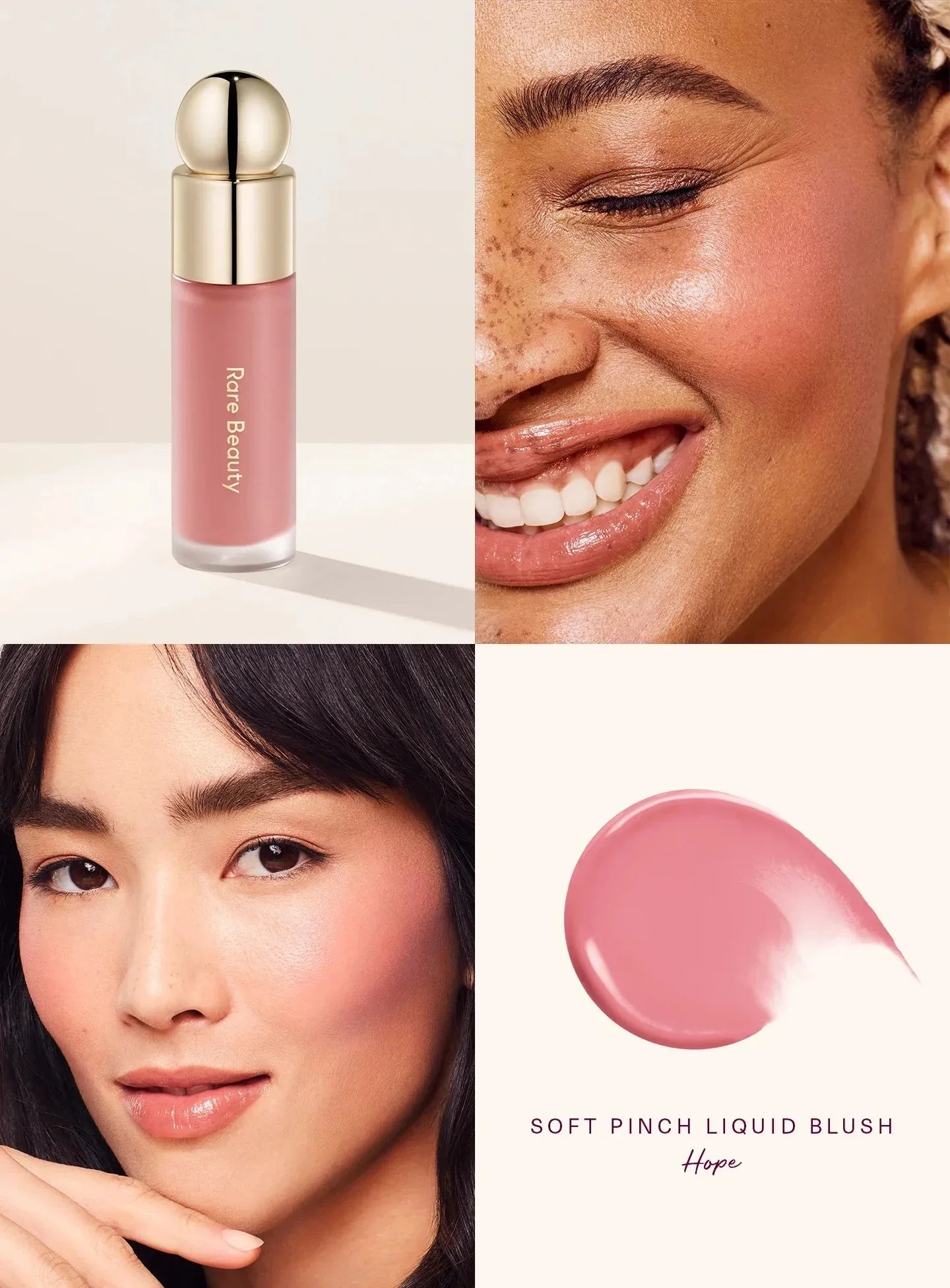 Rare Beauty Soft Pinch Liquid Blush in Hope: a creamy, blendable rose pink liquid for a natural, glowing finish.