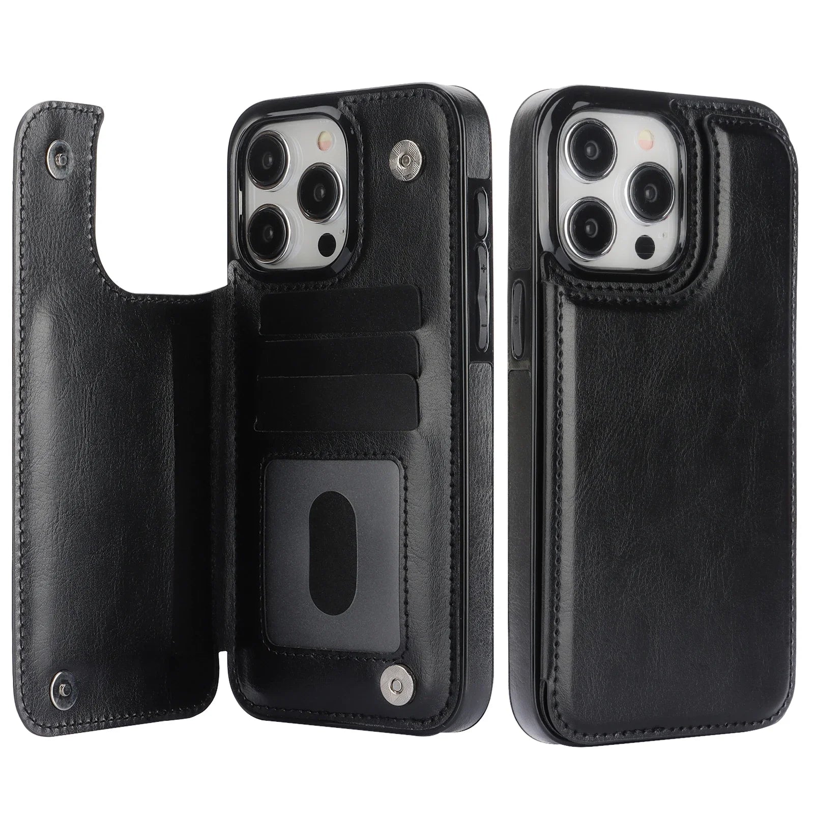 iPhone 16 Leather Wallet Case With Card Stand - Slim Shock-Absorbing Cover Black Tidesmit
