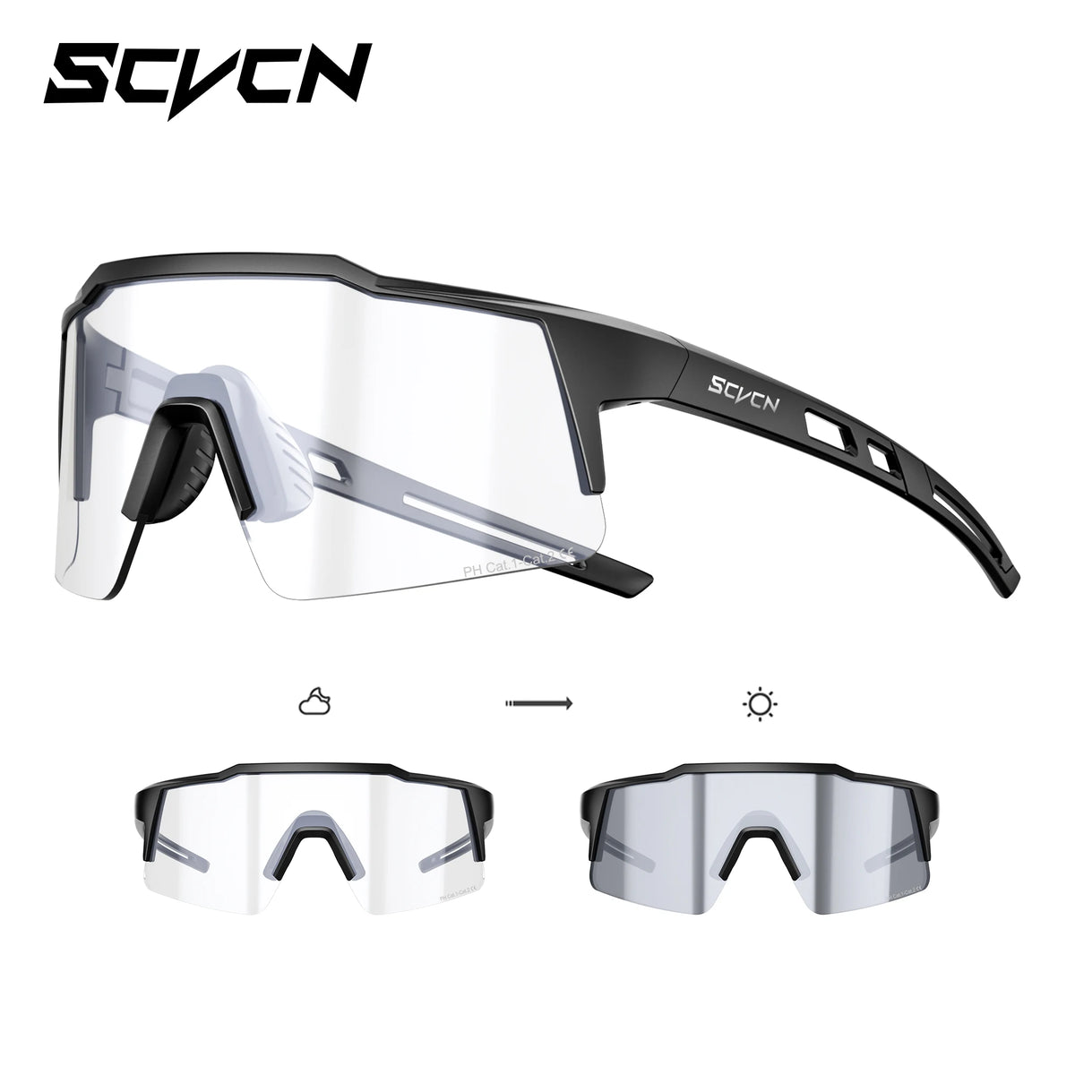 SCVCN photochromic cycling sunglasses, black frame, light silver mirrored lenses