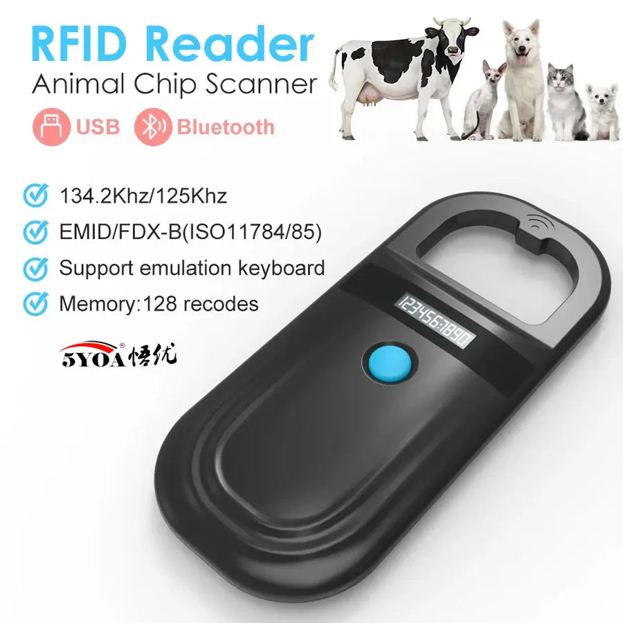 5YOA handheld pet microchip scanner with OLED display, supports FDX-B/EMID RFID for fast dog and cat identification.