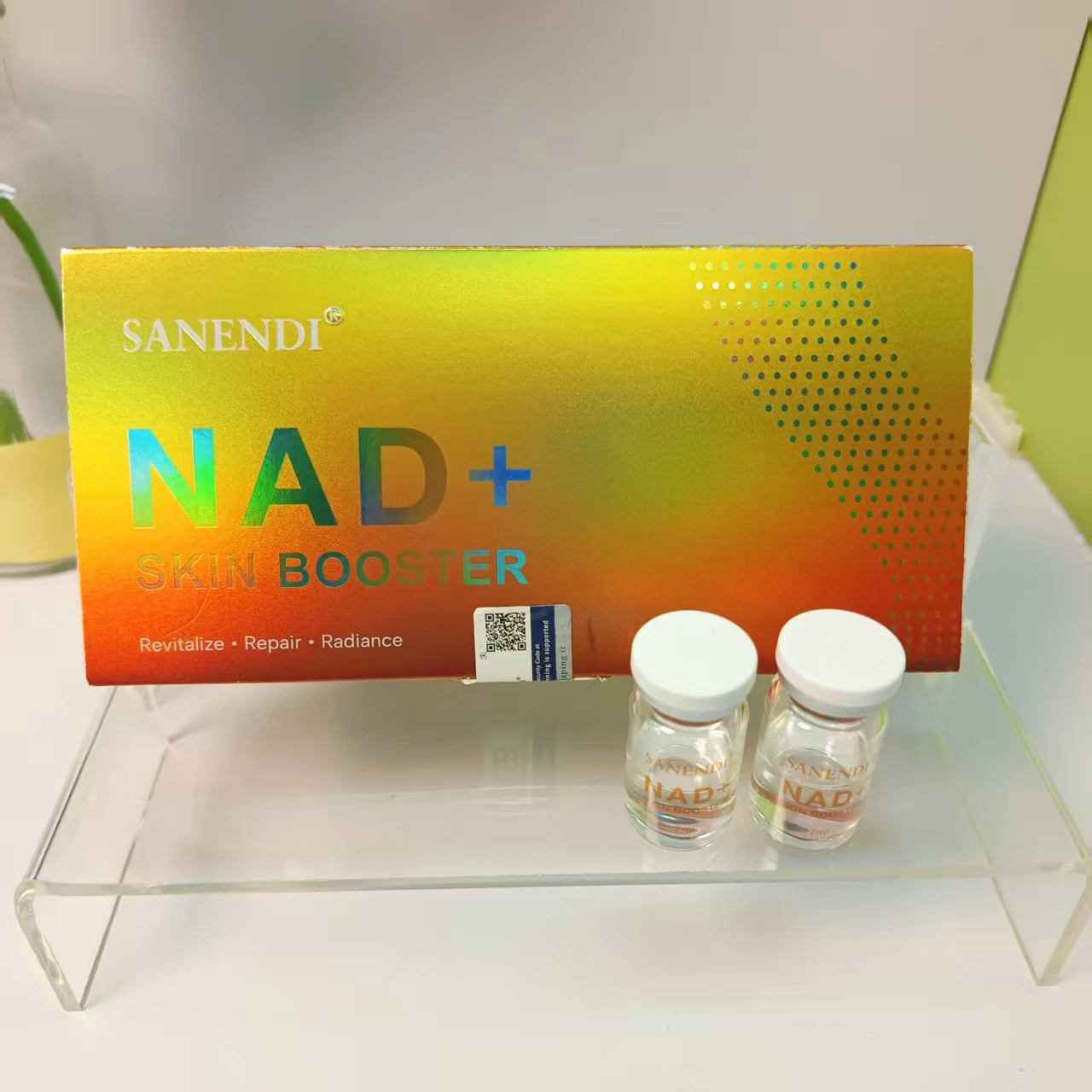 Sanendi NAD+ Complex Essence set: 5x 7ml vials and box for brightening, revitalizing, and repairing skin radiance.