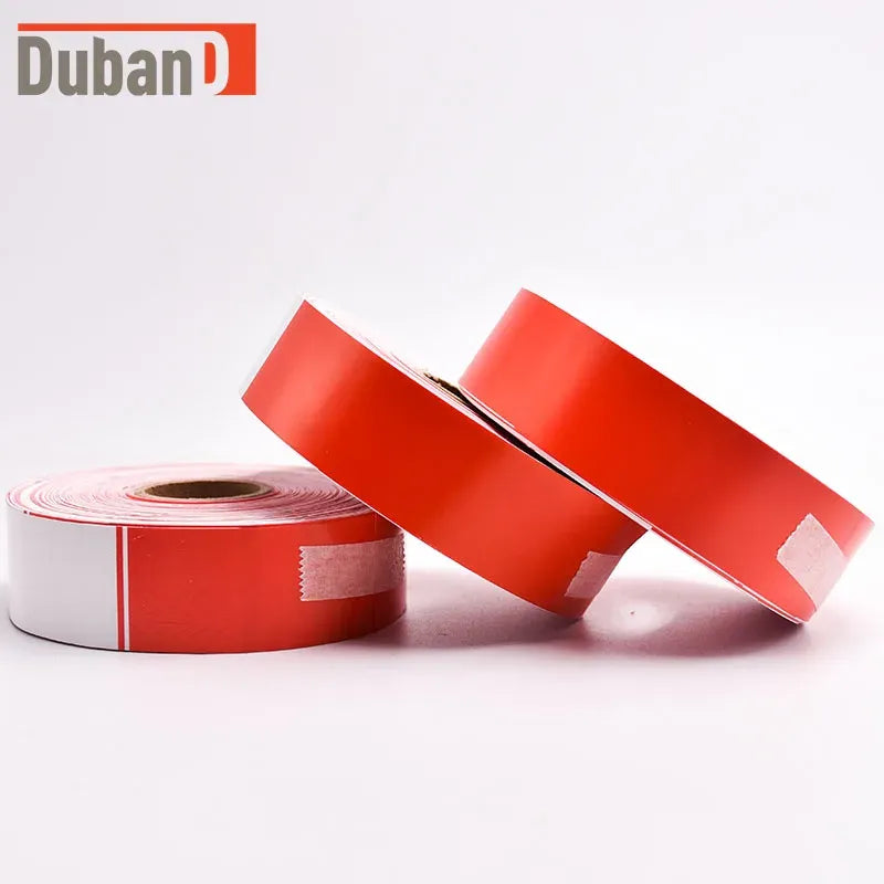 Thermal QR barcode wristband roll, red adhesive strips on white backing tape
