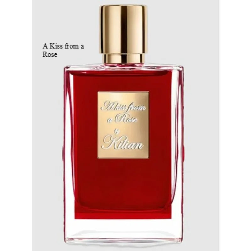 Kilian A Kiss from a Rose unisex EDP, 50ml red glass bottle, warm spicy floral niche perfume, long-lasting scent.