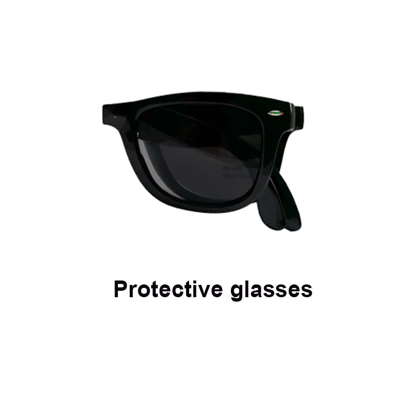 Black UV400 protective glasses for hair styling salons, worn during heat treatments with professional hair equipment.