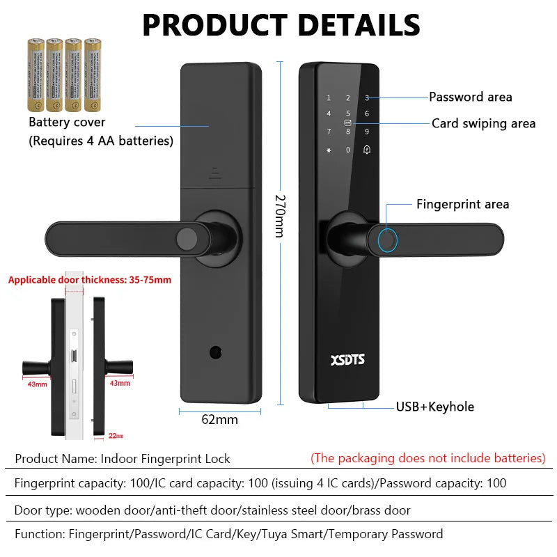 Smart Door Lock With Electronic Biometric Fingerprint Smart Card Password Key Unlock USB Tuya APP Emergency Charge lock