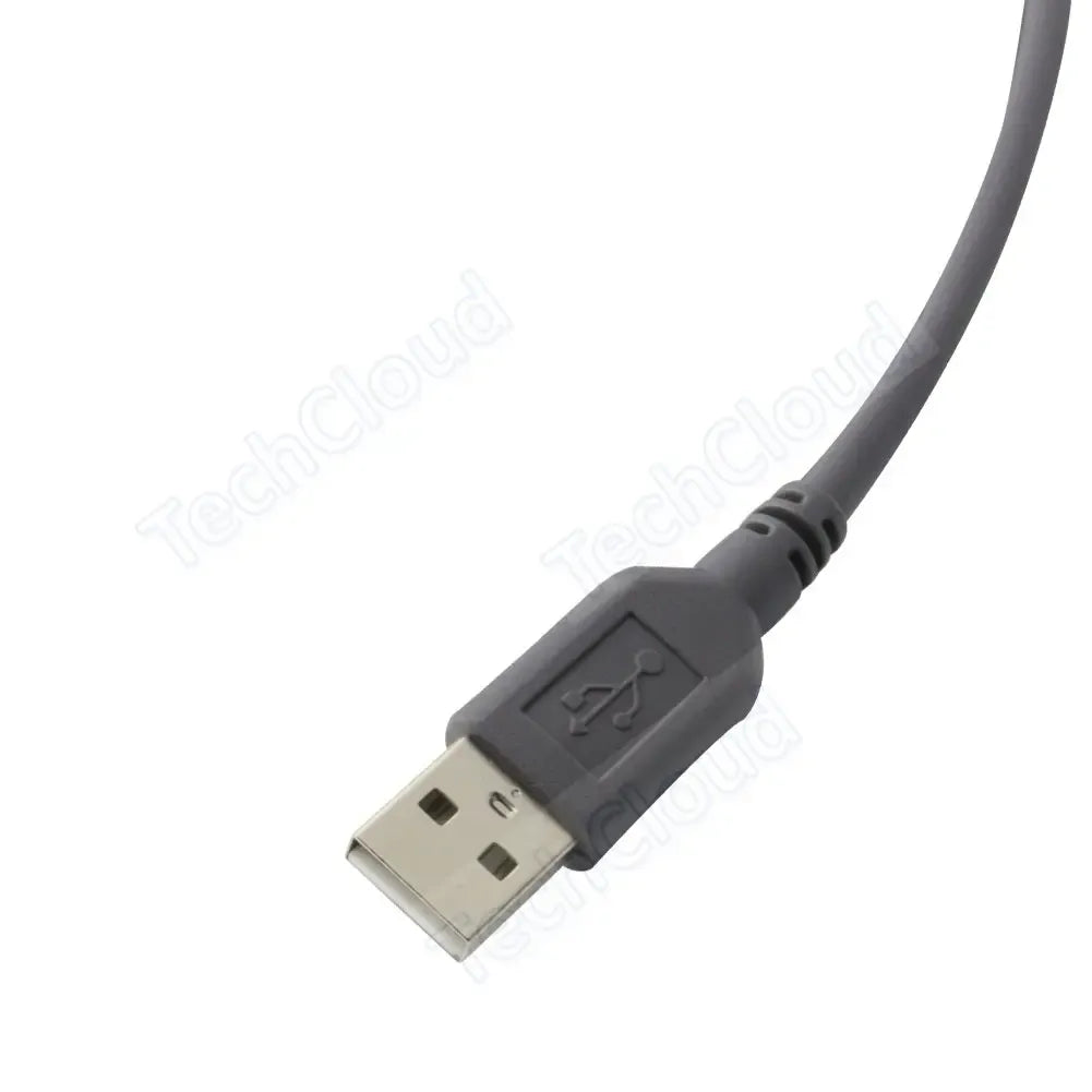 Close-up of grey USB-A connector end on barcode scanner USB cable