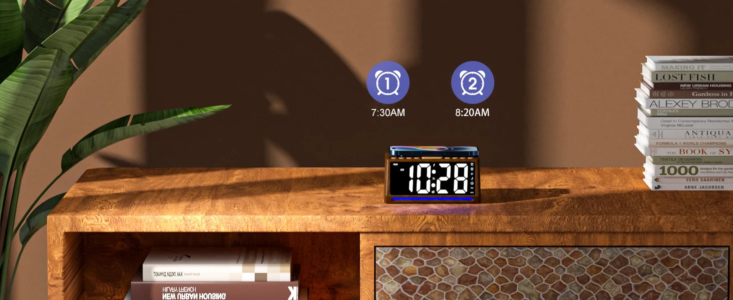Wooden Digital Alarm Clock with Wireless Charger & Bluetooth Speaker Tidesmit