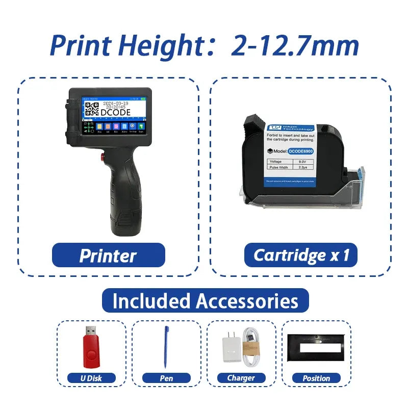 Handheld inkjet printer and cartridge x1 with included accessories diagram