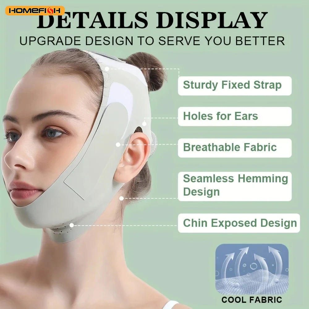 A woman wears a light gray, breathable elastic chin strap with ear cutouts and seamless hemming.