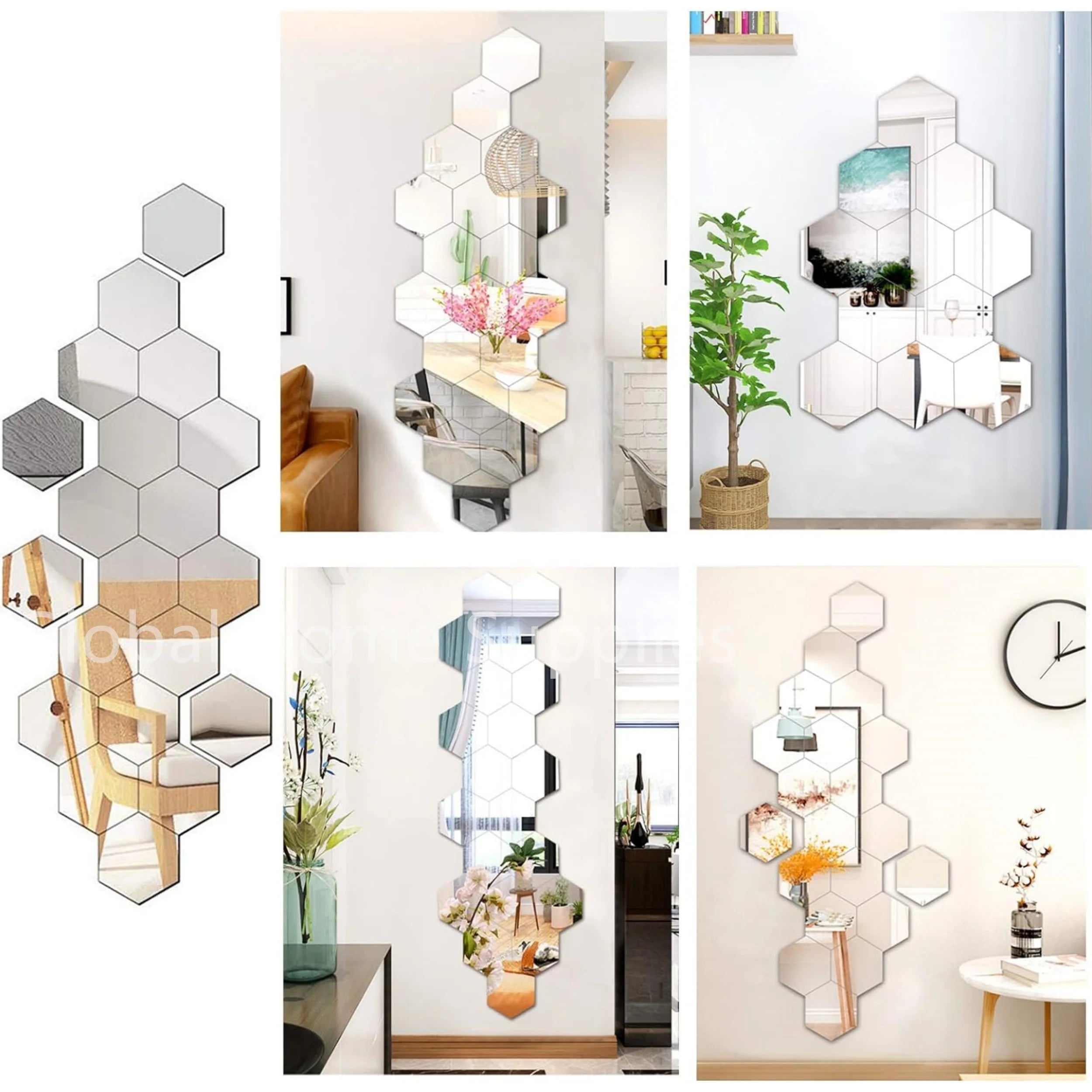 24pcs Hexagon Mirror Sticker Gold Self Adhesive Mosaic Tiles Wall Sticker Decals DIY Bedroom Living Room Bathroom Home Decor