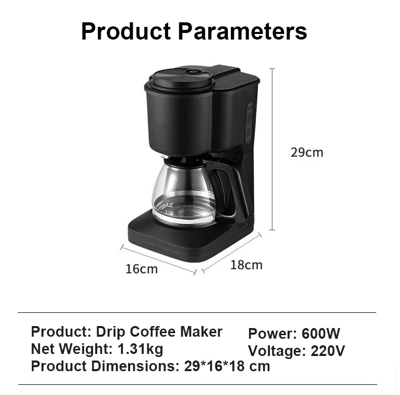 Compact black drip coffee maker with glass carafe, 600W power, and labeled dimensions of 29x16x18 cm.
