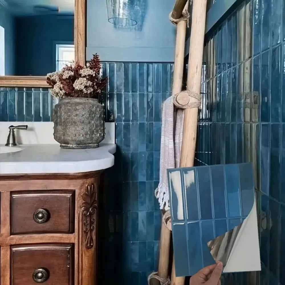 Peel-and-stick backsplash tile sheet, blue subway-style grid with glossy finish