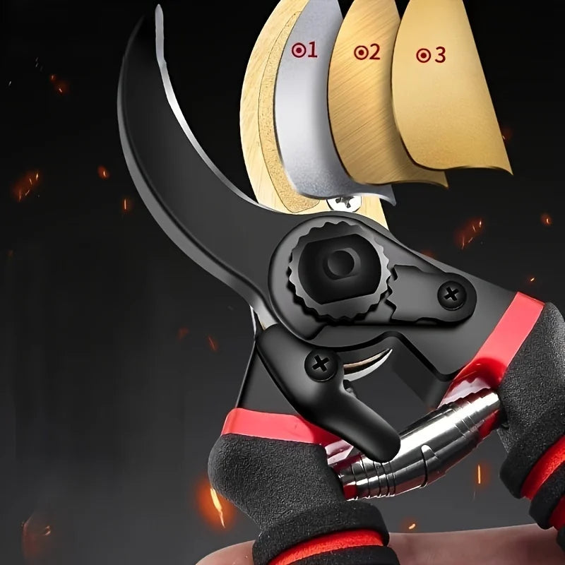Heavy-duty pruning shears close-up: yellow blades, black body with red accents