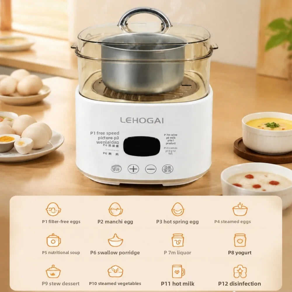 White electric multi-cooker with clear lid and inner metal pot for steaming eggs
