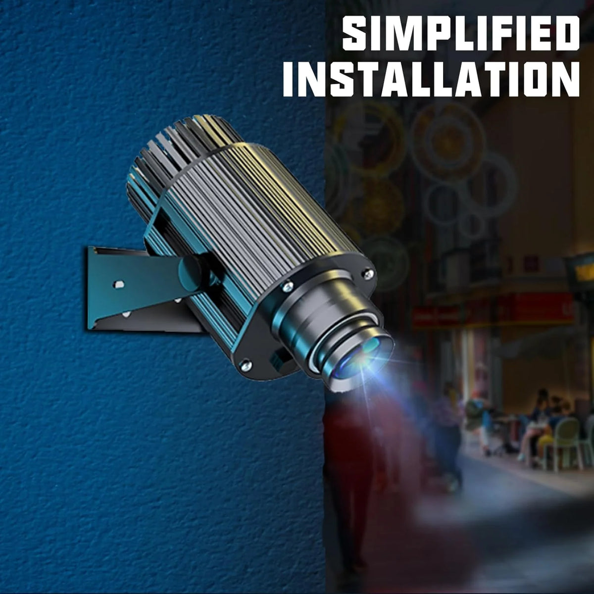 Wall-mounted gobo projector light with focused beam projecting onto entrance wall