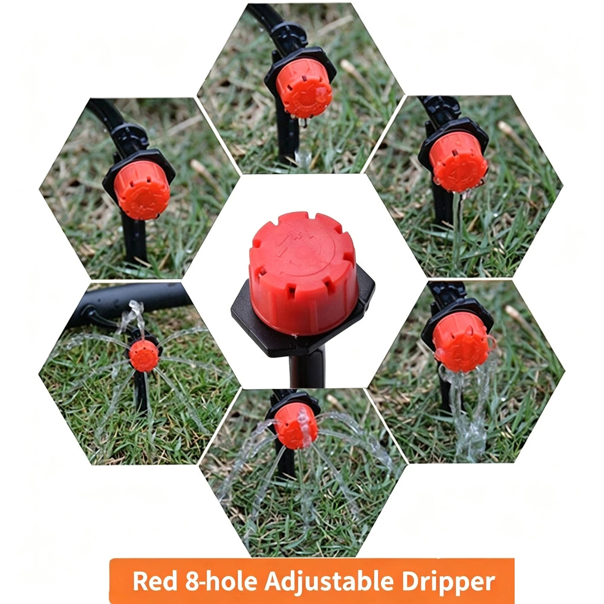 Red 8-hole adjustable drip dripper head with black stake and multiple outlet pattern