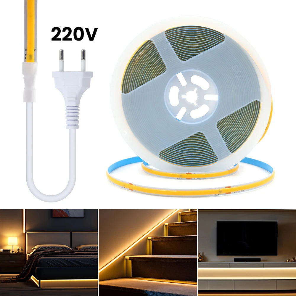 COB LED Strip Light Power Kit 220V 110V AC 3000K 4000K 6000K 2pin 240LEDs/m with IC Driver IP20 8mm PCB Dimmable Linear Lighting