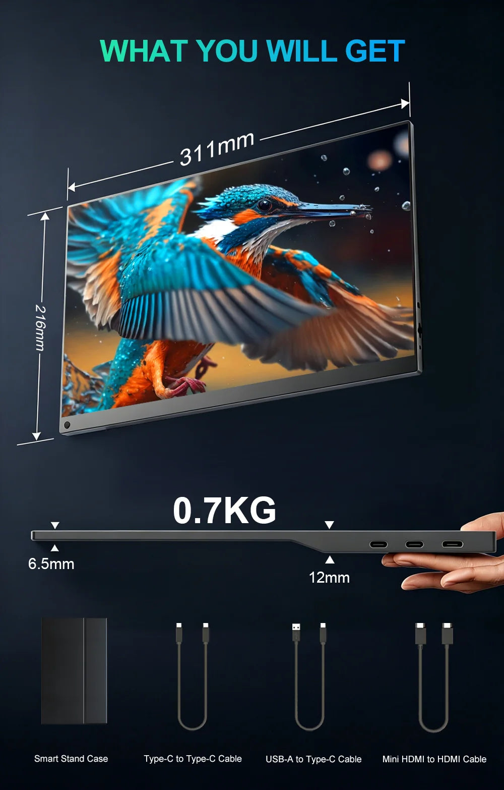 14 Inch 1200P FHD IPS Touch Portable Monitor 10-Point Capacitive Touch 75x75 VESA Low Blue Light Type‑C Mini HDMI Compatible PS5