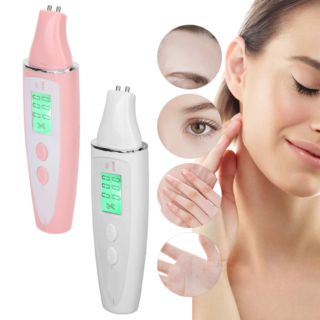Portable digital skin analyzer pens in pink and white with LCD screens testing skin hydration and oil levels.