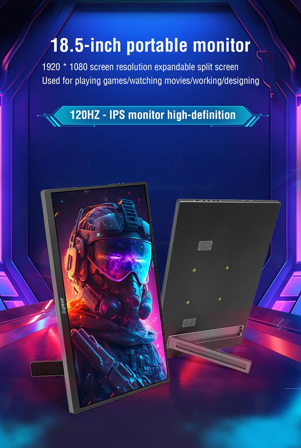 Anmite 18.5inch Portable Monitor 120Hz RGB100% With VESA Hole & Back bracket Laptop Extended Display ADS-IPS HDR Screen
