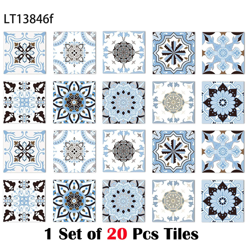 Square vintage tile wall sticker set, glossy white with light blue floral medallion designs
