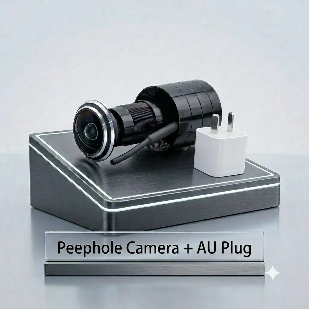 Black peephole video doorbell camera with AU plug on display stand