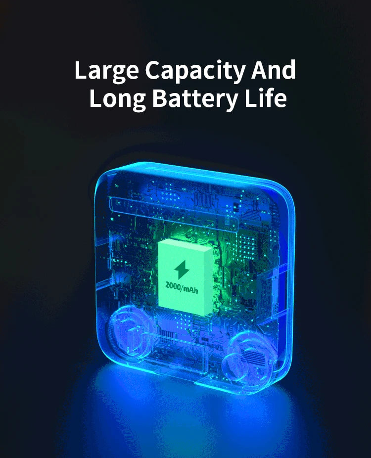 Square 2000mAh portable power bank with a blue-lit transparent casing showing internal circuitry.