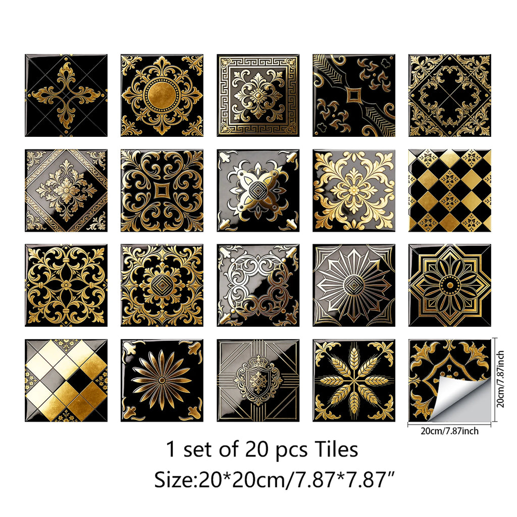 20pcs Classic Black Gold Ornate Baroque Style Tile Transfers Waterproof Stickers for Home Renovation