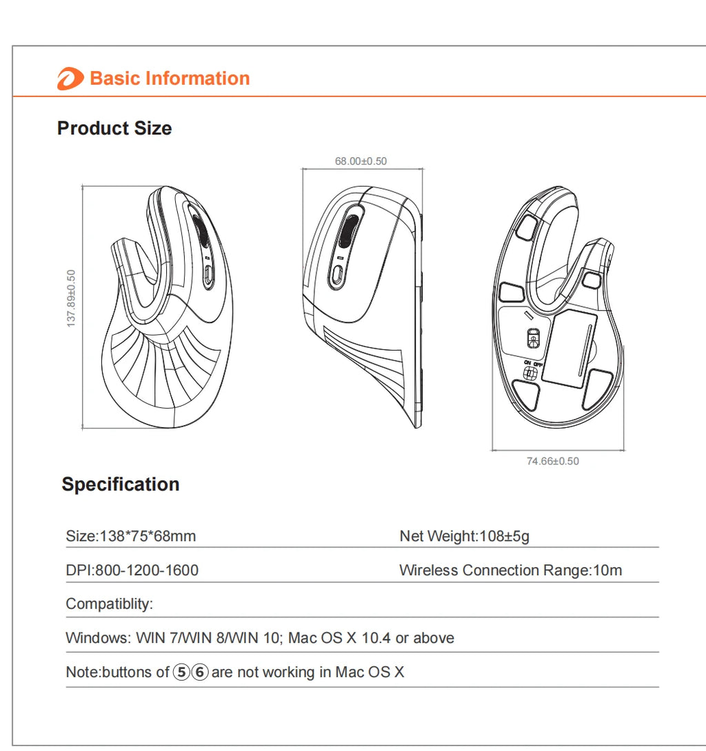 DAREU Ergonomic Vertical Wireless Mouse 2.4Ghz Optical Skin 6 Buttons Comfortable Gaming Mice with Adjustable DPI For Computer