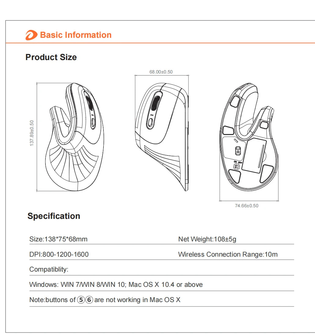 DAREU Ergonomic Vertical Wireless Mouse 2.4Ghz Optical Skin 6 Buttons Comfortable Gaming Mice with Adjustable DPI For Computer
