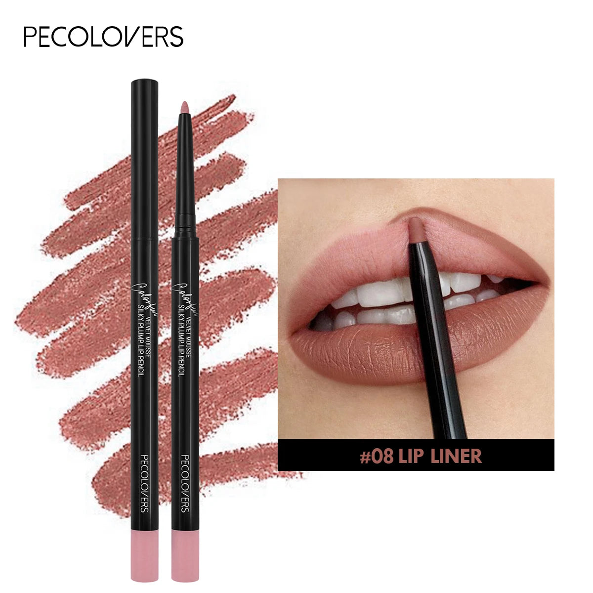Pecolovers #08 matte dewy lip liner pencil, long-lasting waterproof velvet finish for defined, natural-looking lips.