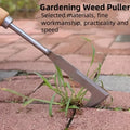 L-shaped stainless steel gap weeding tool with long metal handle, clearing weeds from paving.