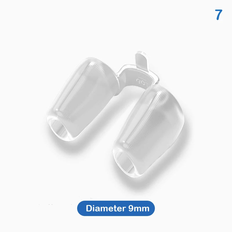 Clear silicone rhinoplasty nose support clip for post-op nostril shaping and crooked nose correction, 9mm diameter.