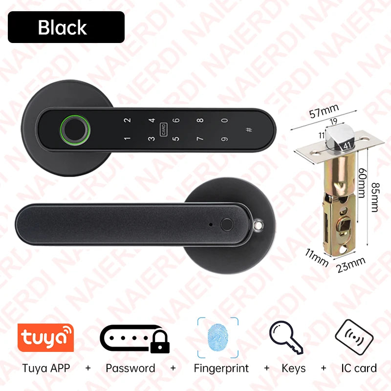 NAIERDI 5-in-1 Smart Fingerprint Door Lock Tuya APP Bluetooth Keypad IC Card Keyless Digital Door Knob for Hotel Office Bedroom