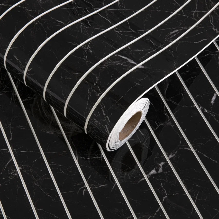 Self-adhesive 3D wall sticker wallpaper roll, black marble plank stripes with white lines