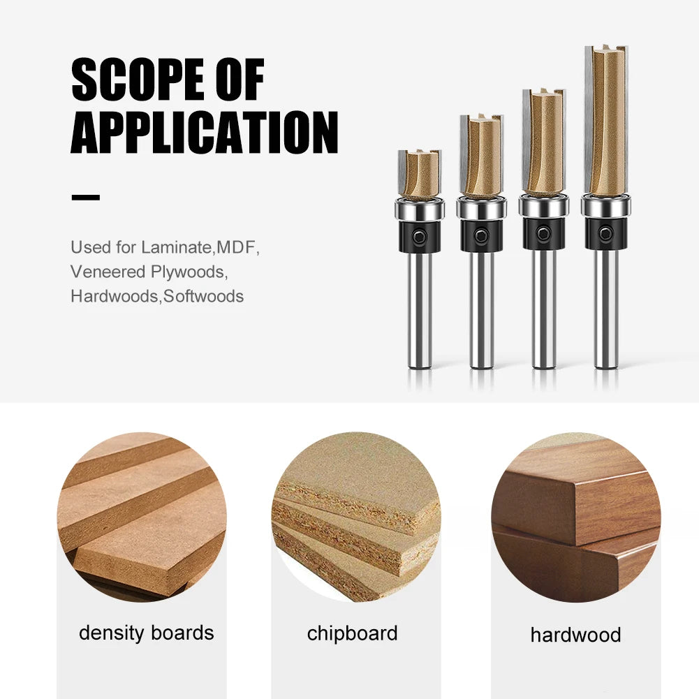Professional Three-Edge Bearing Straight Router Bit, Slotting Straight Cutter, Bearing Trimming Cutter, Woodworking Tools