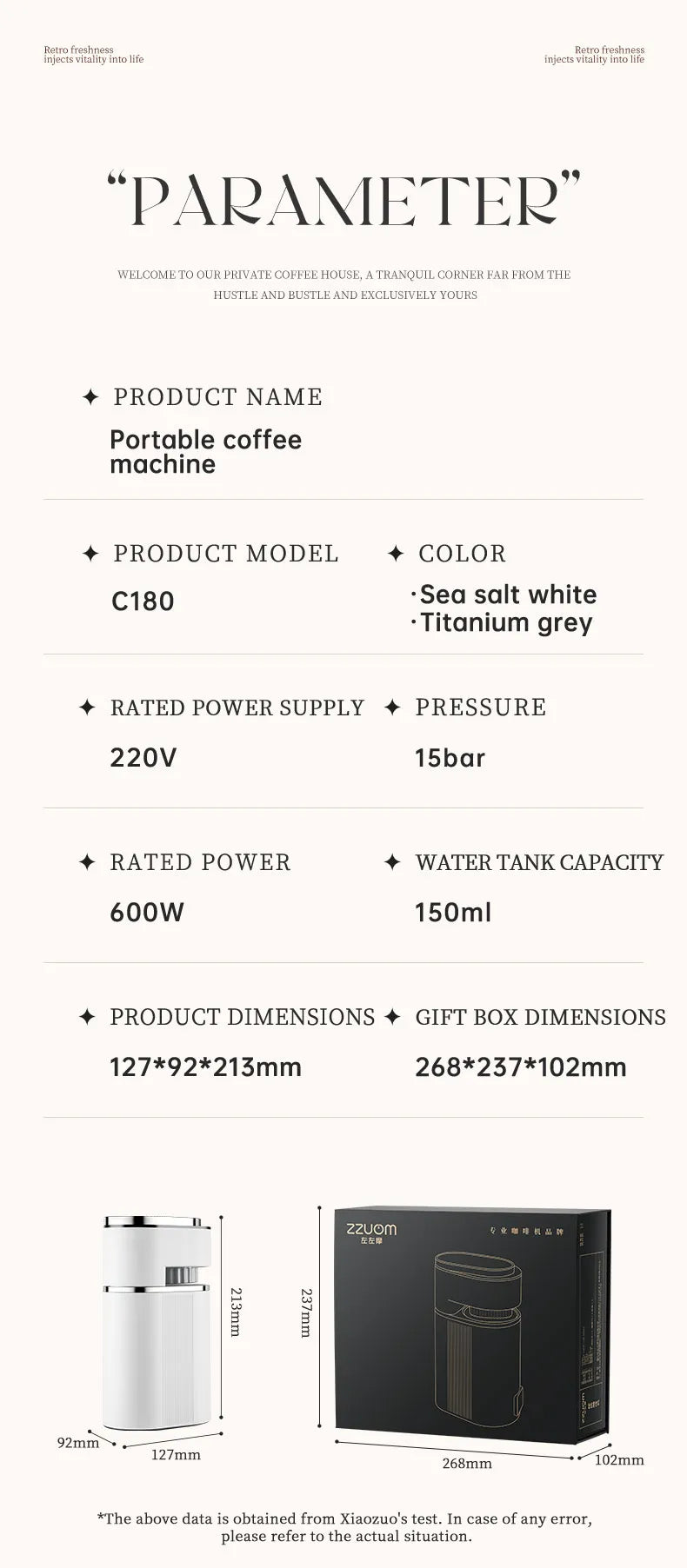 ZZUOM C180 portable coffee machine in sea salt white, 150ml capacity, 15 bar pressure, compact 127x92x213mm size.
