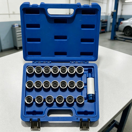 Wheel lock socket set in blue case with multiple chrome sockets and blue tool
