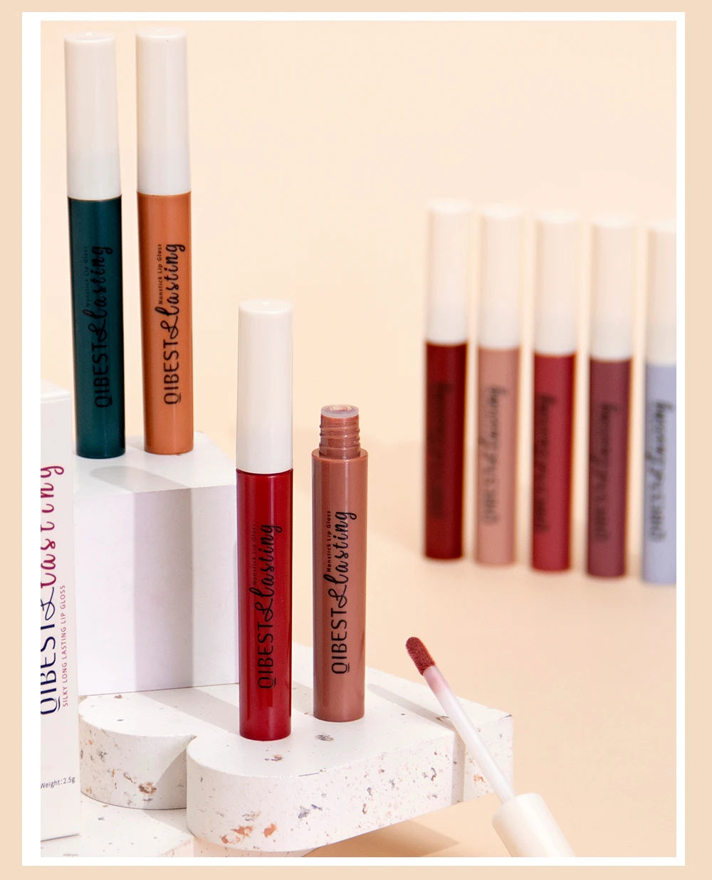 QIBEST waterproof matte liquid lipsticks in various nude, red, and bold shades with long-lasting velvet finish.