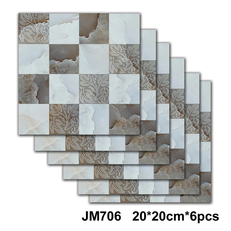 Self-adhesive marble wall tile stickers, white stone with brown ornate swirl tiles