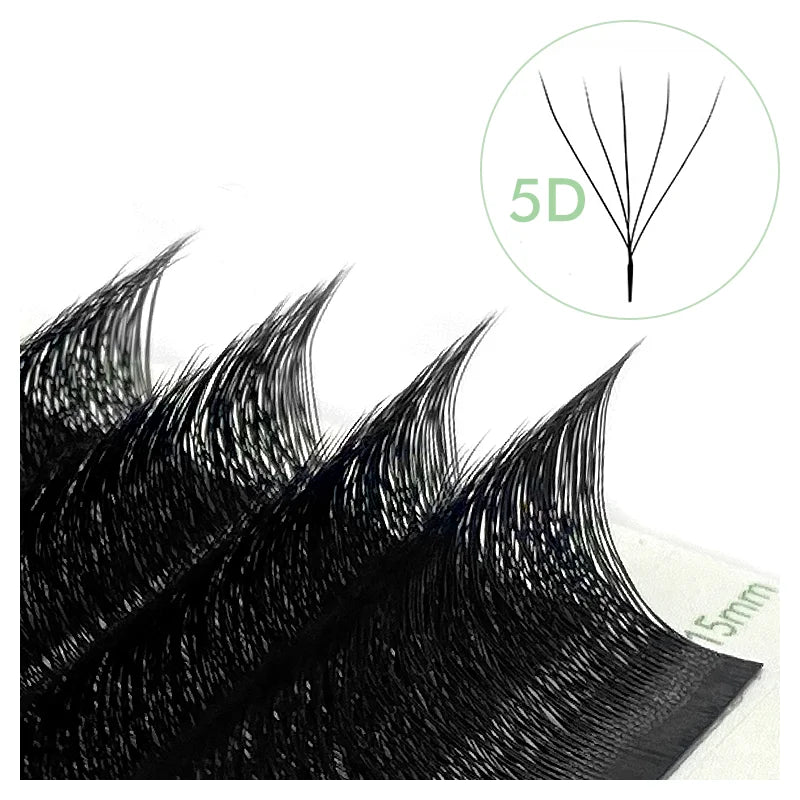 Black W-shaped 5D premade volume eyelash extension fans on a strip with 15mm length labeled.