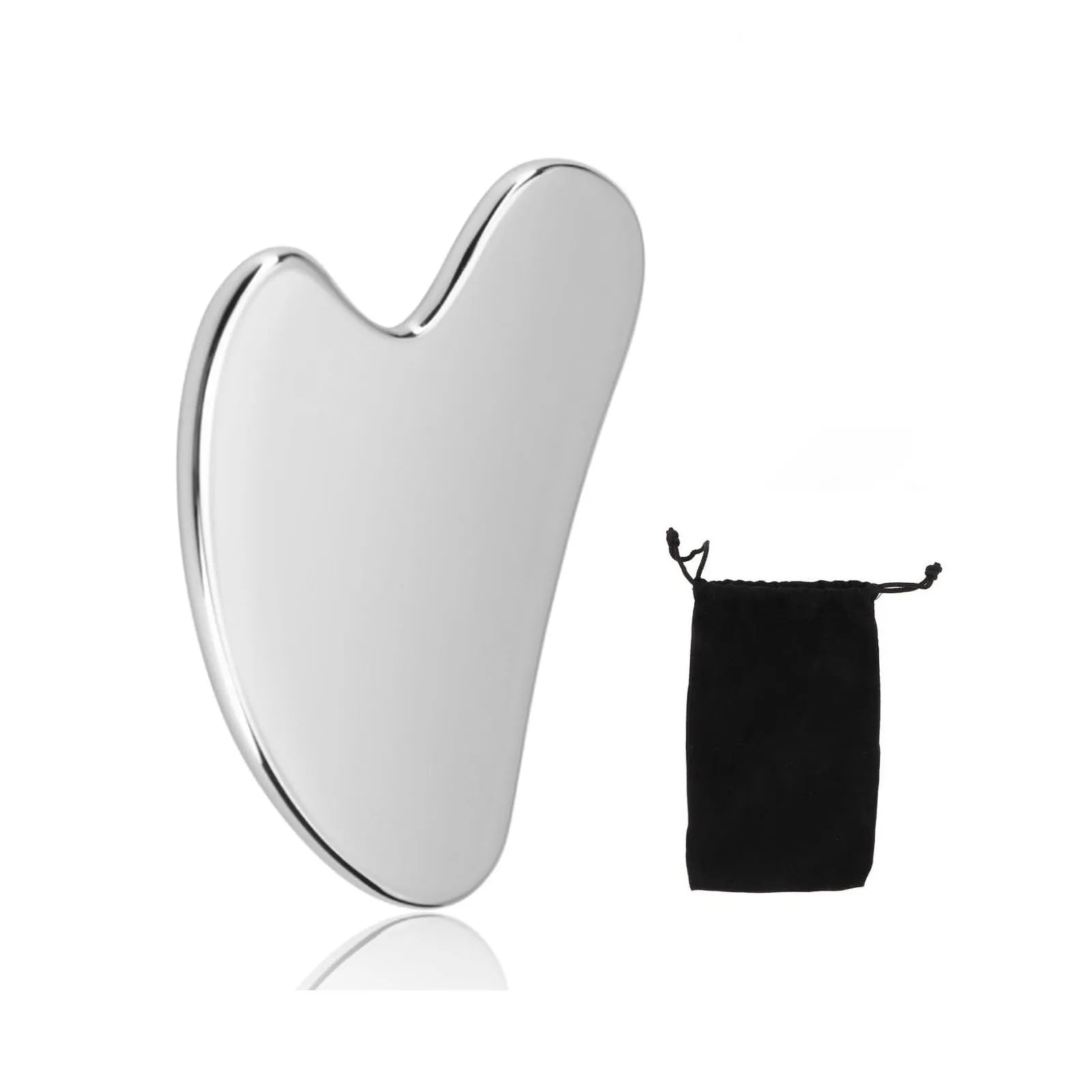 Heart-shaped polished silver stainless steel gua sha facial tool next to a small black drawstring storage pouch.