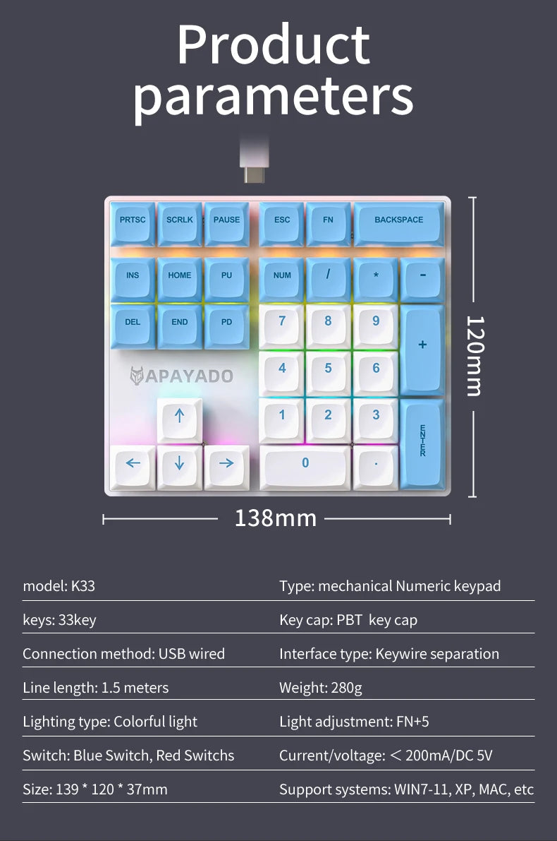 K33 Wired Mechanical Numeric Keypad With Multi-color Lights  Suitable for Finance, Business, 33-Key Laptop Numeric Keyboard
