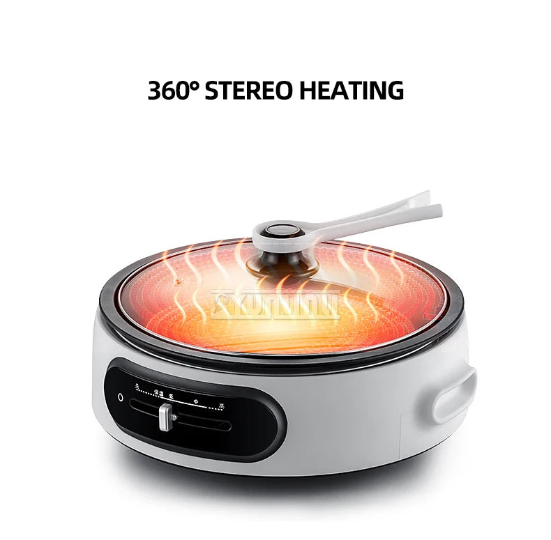 Electric hot pot multi cooker with round glass lid, white base, and glowing heating surface