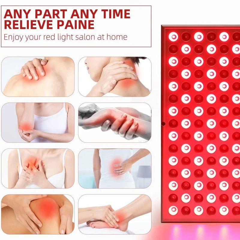 Red light therapy panel with grid of glowing LEDs used to treat muscle and joint pain on various body parts.
