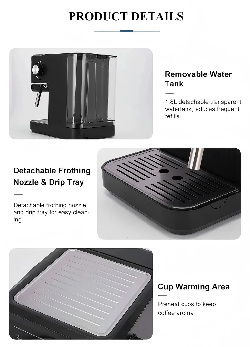 Black espresso machine with 1.8L water tank, frothing nozzle, drip tray, and cup warming area.
