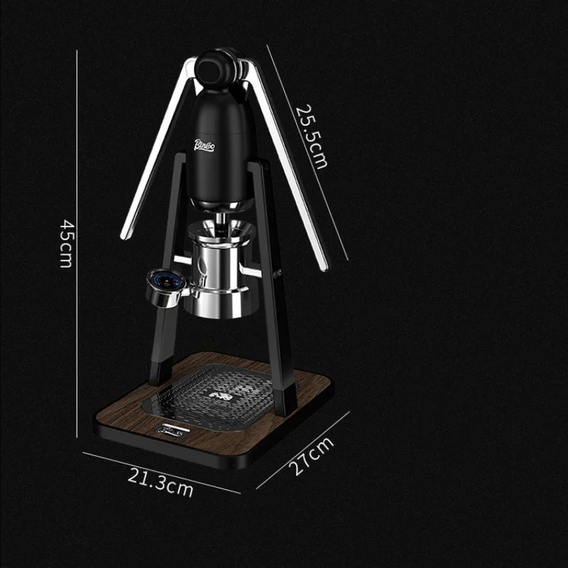 Pinco manual espresso machine in black and chrome with wooden base, 45cm height, for professional home brewing.