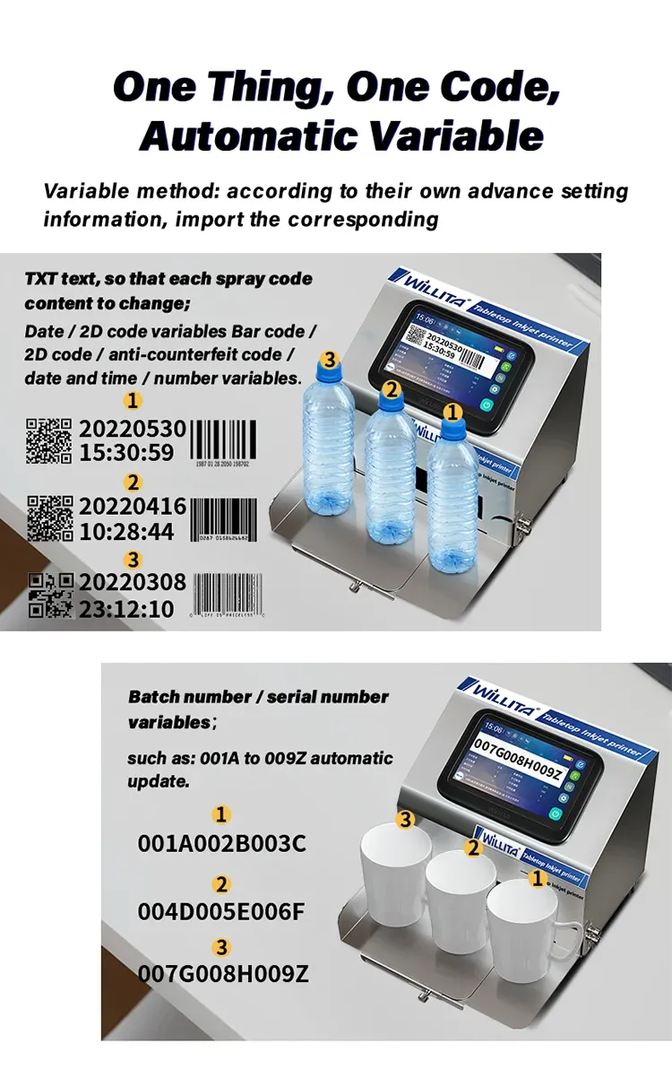 Inkjet printer printing automatic variable codes on labels with barcode examples