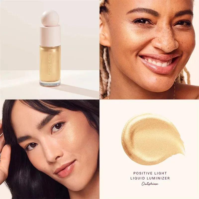Rare Beauty Positive Light Liquid Luminizer in Outshine, a gold shimmer cream highlighter for a radiant makeup finish.